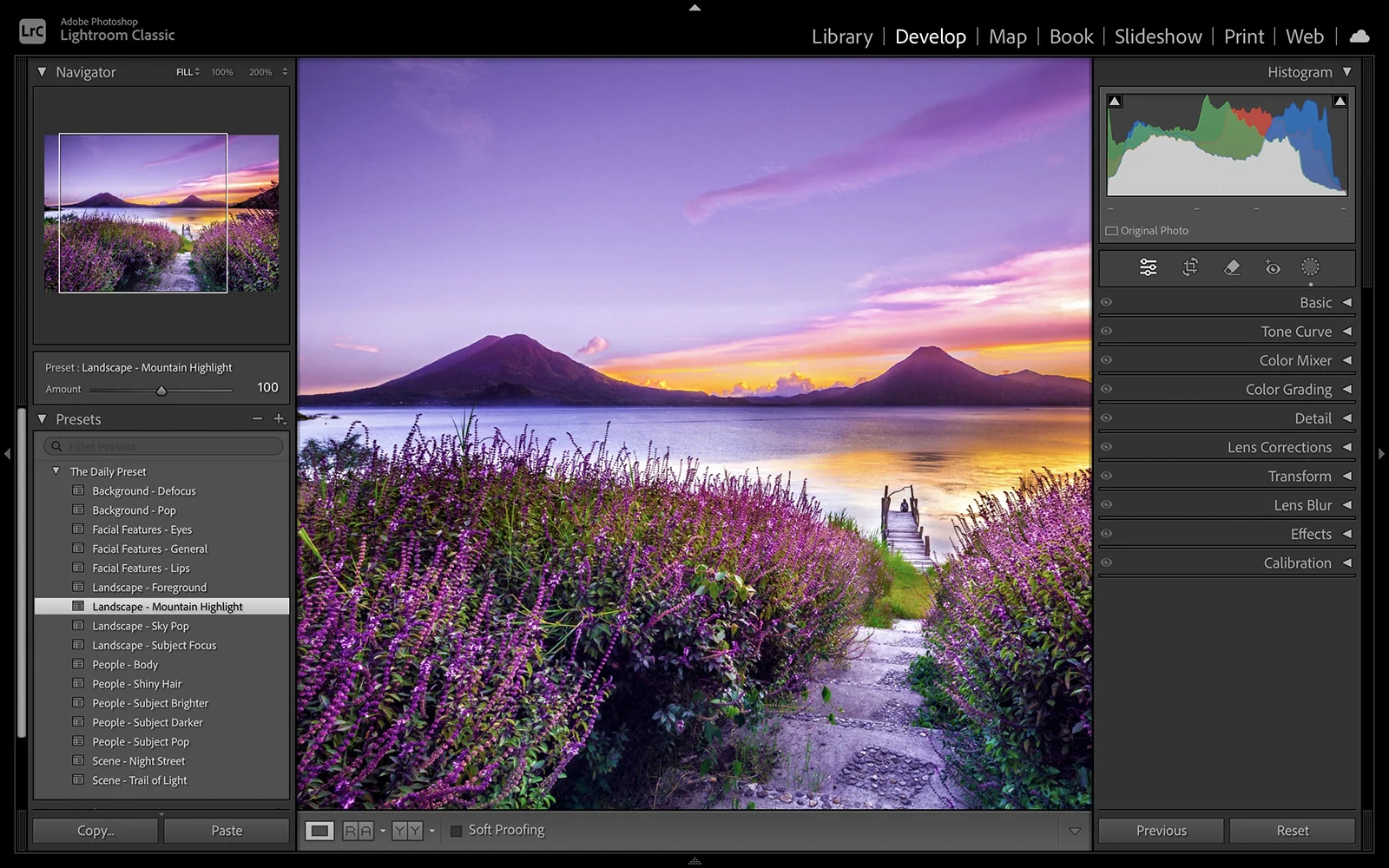 Lightroom Classic interface showing photo editing workflow with The Daily Preset applied, demonstrating professional photo enhancement tools and preset effects
